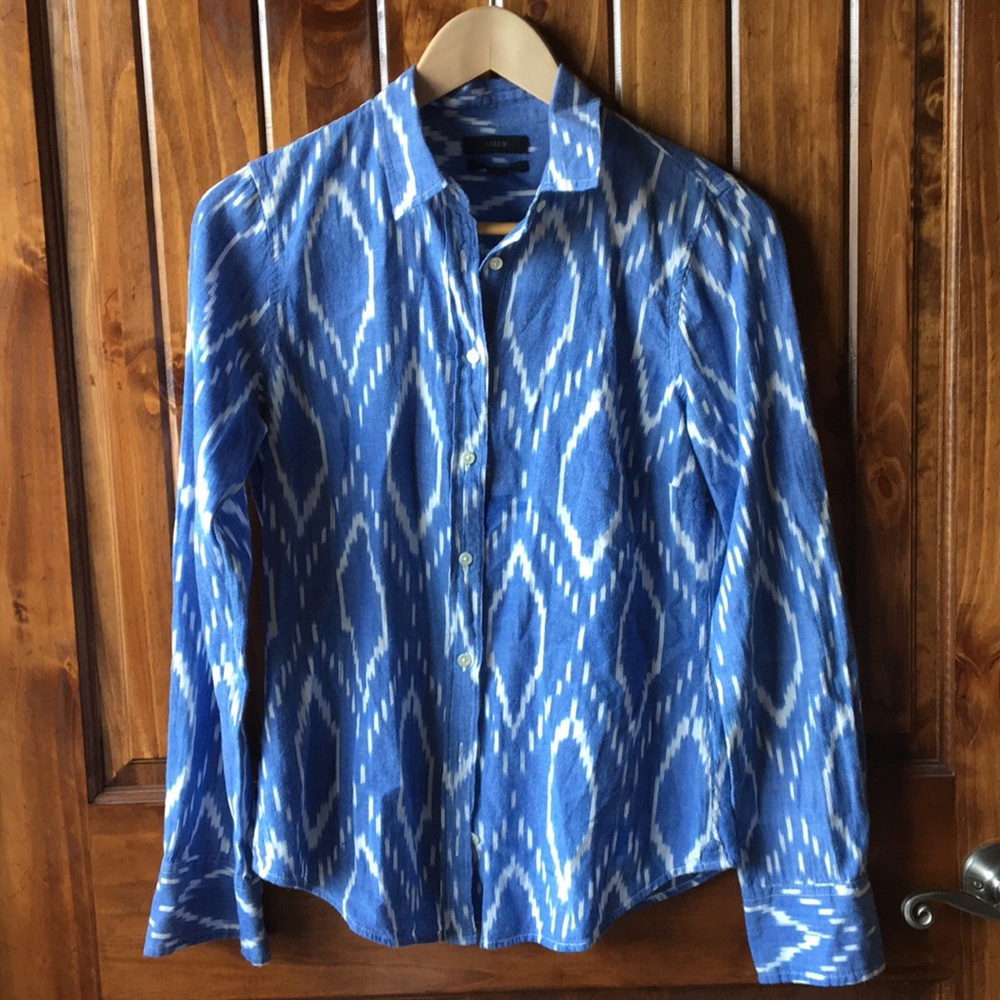 J. Crew Blue White Tribal Woven Cotton Button Down